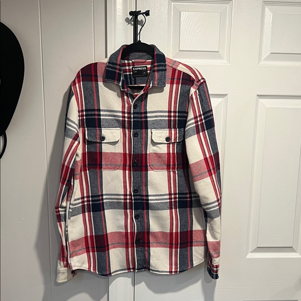 Express Men's Red and Blue Plaid Shirt Jacket Large Tall